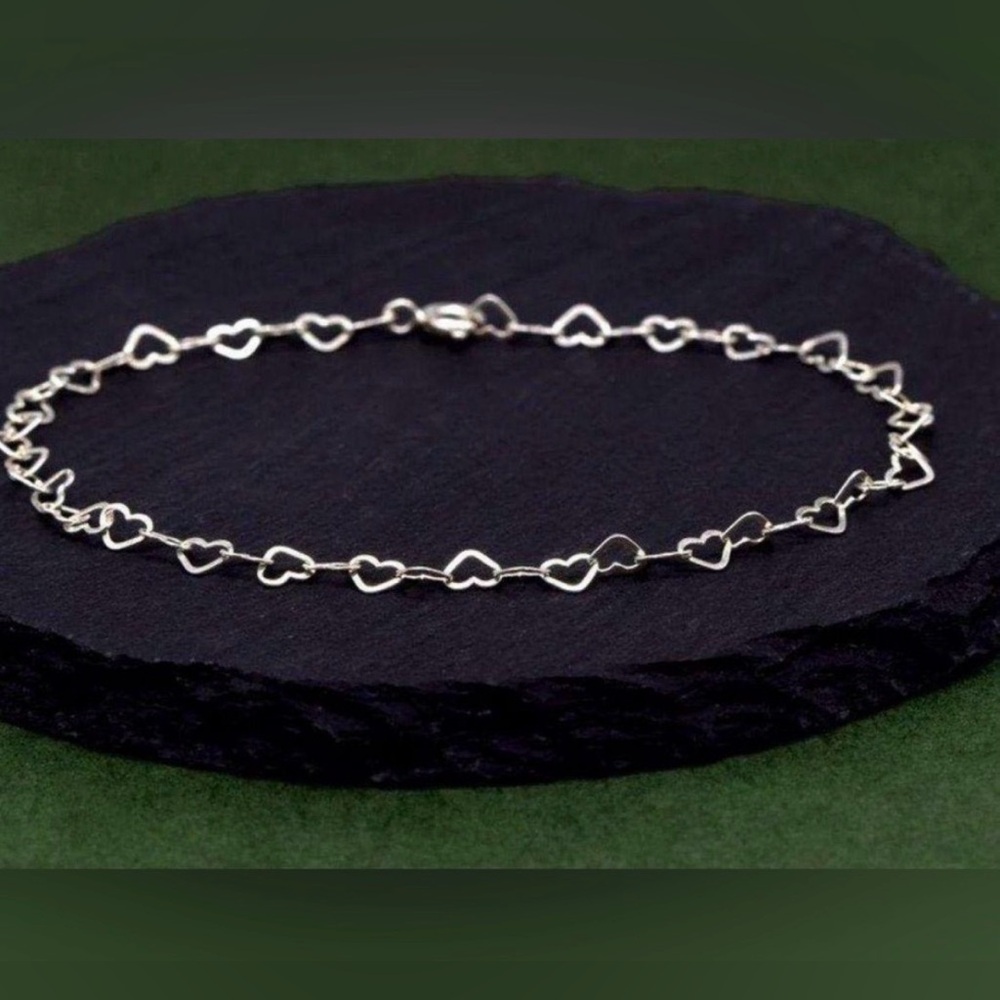 Sterling Silver Dainty 925 Heart Link Bracelet 7", New - Picture 1 of 3